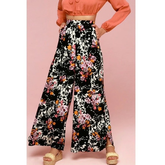 Free People Pants - Free People Intimately Late Night Floral Wide Leg Pants Black Rayon | Sz L NWT
